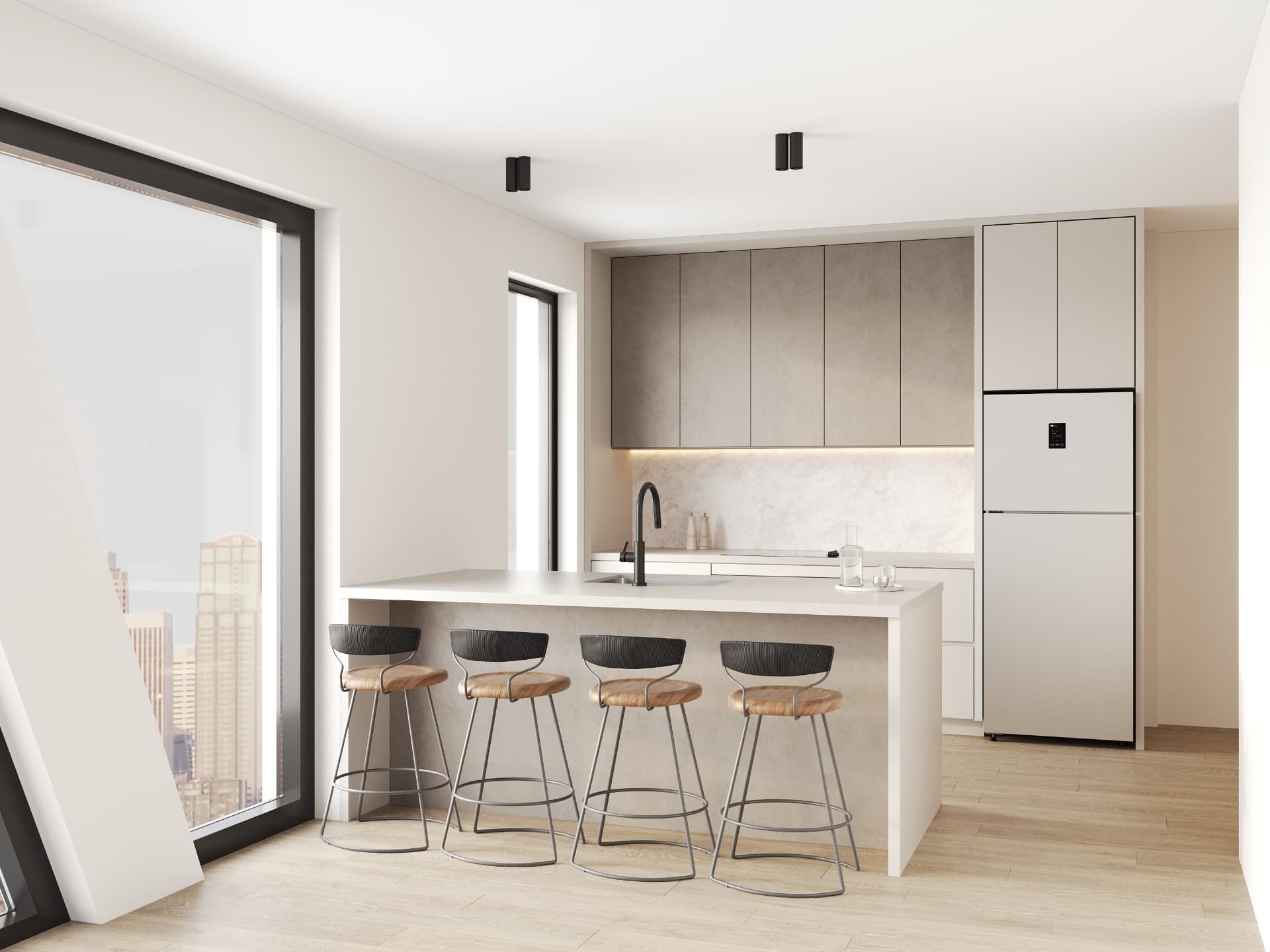 Residence kitchen with stone-clad cabinetry, quartz peninsula and skyline views