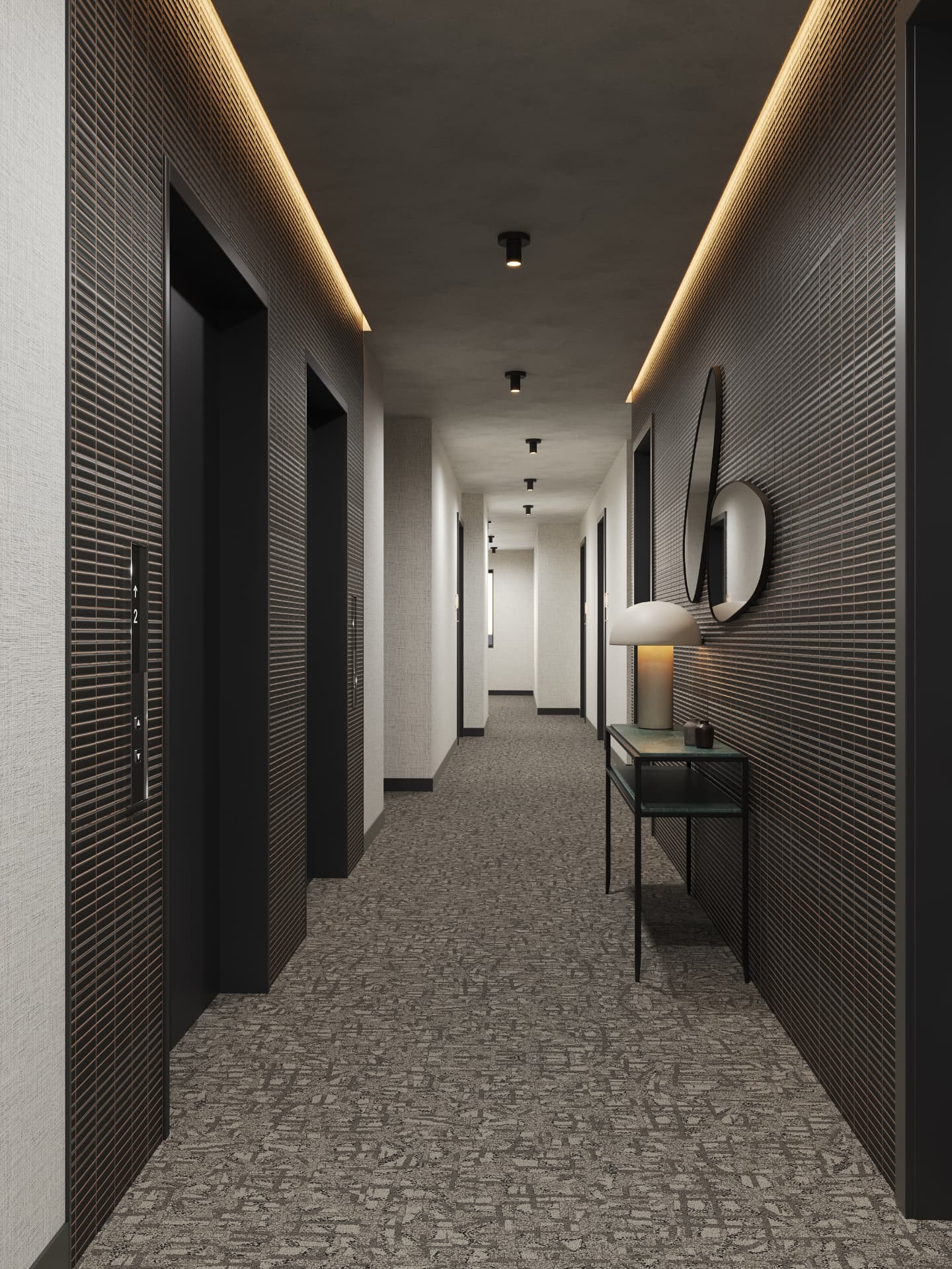 Residential corridor with textured walls and cove lighting