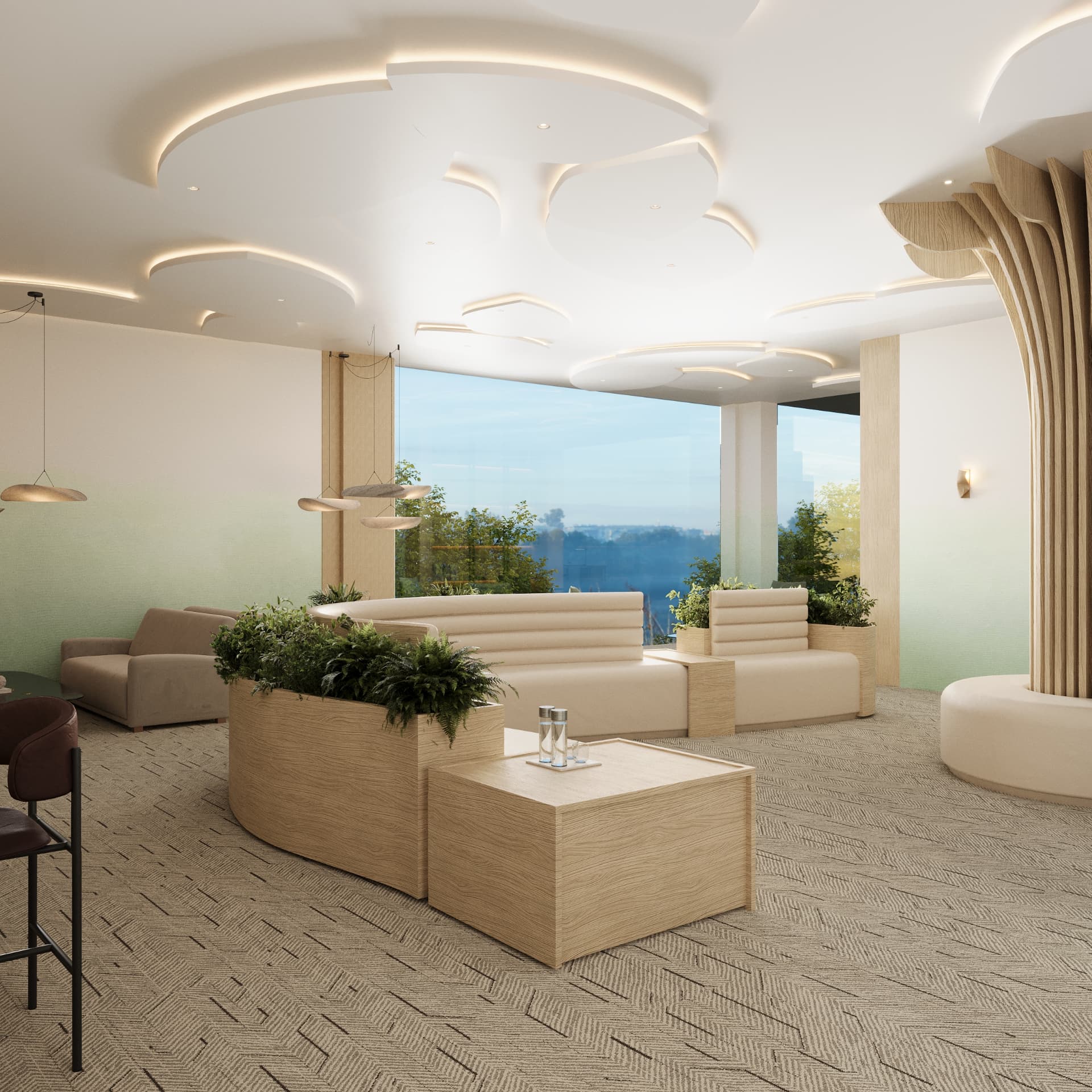 Curved banquette seating and planters in the lounge with skyline glazing