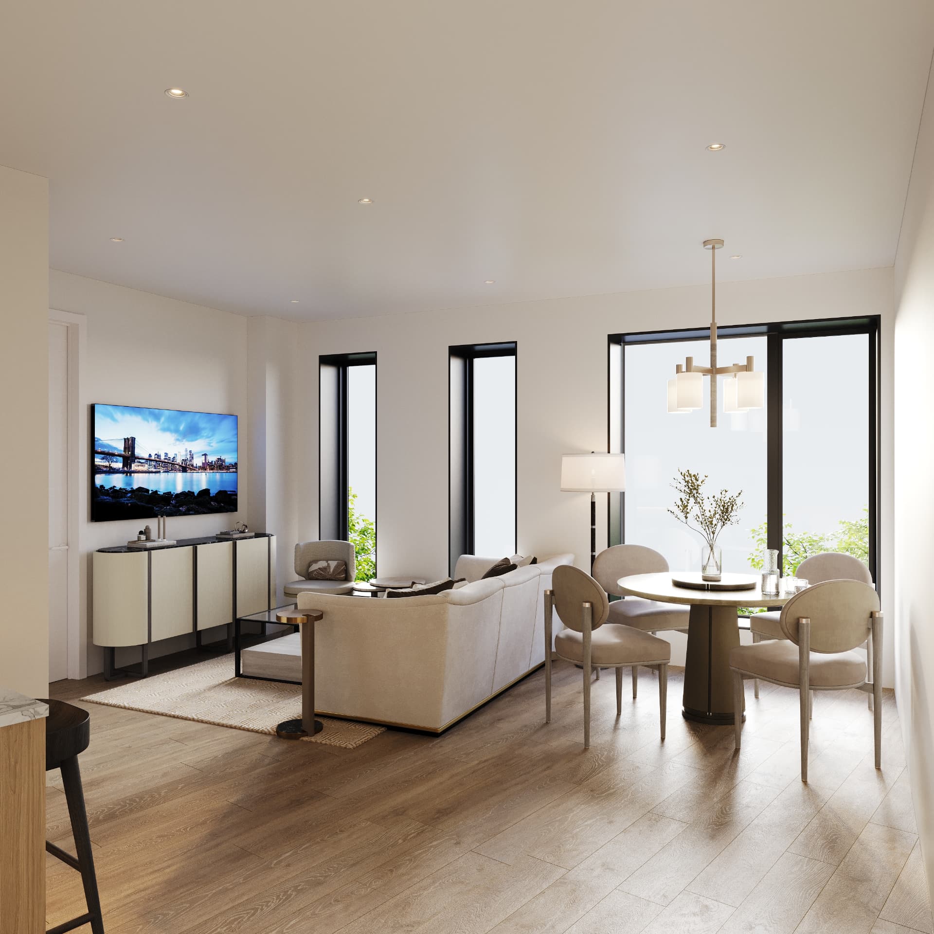 Residence living and dining area with oak floors and full-height windows