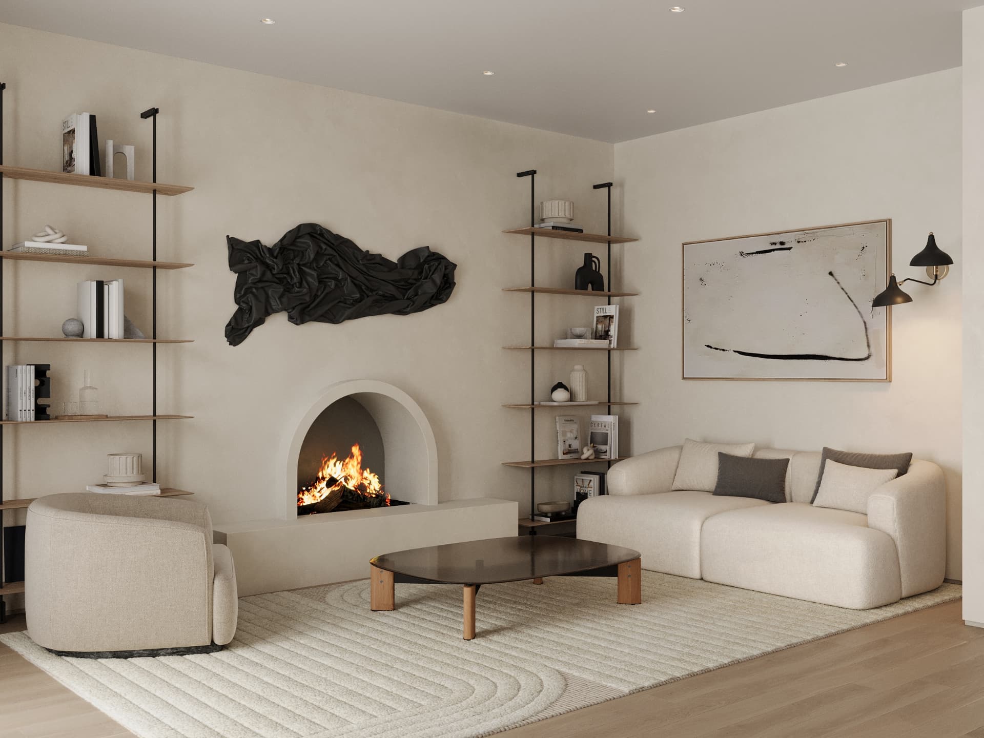 Living room with marble fireplace and soft neutral seating