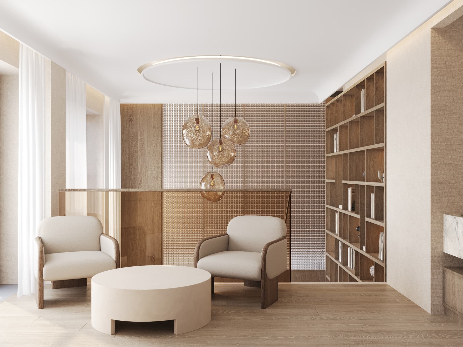 Reading lounge with two armchairs facing a bookshelf wall