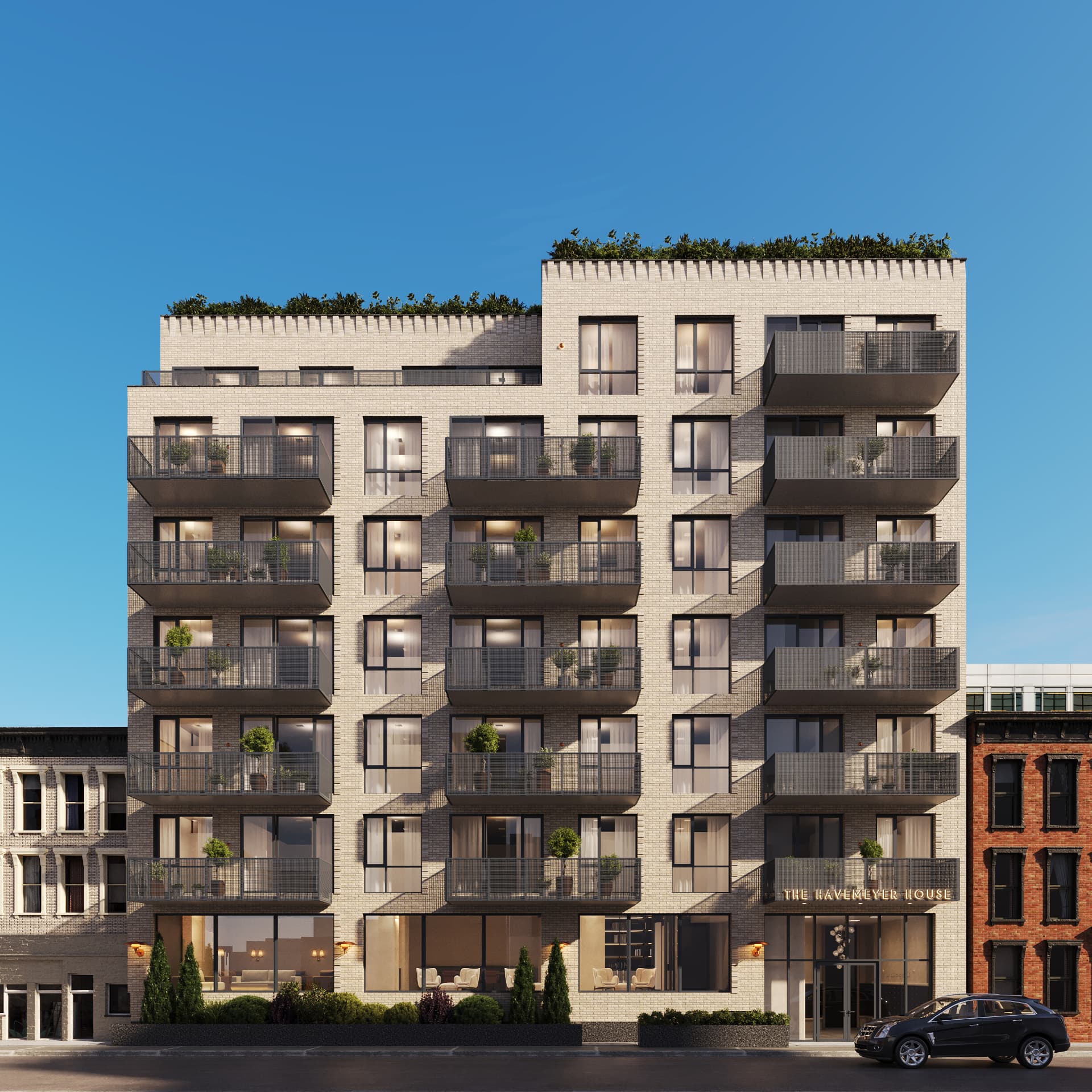 Street elevation with stepped balconies and green roof