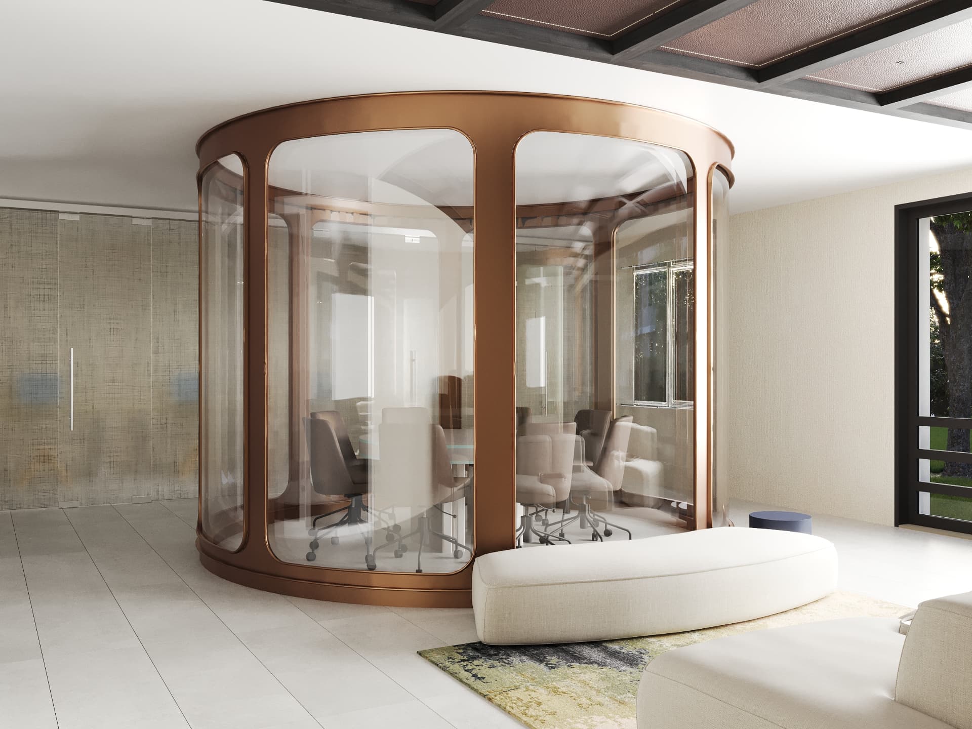 Copper-framed glass meeting pod set within the co-working lounge