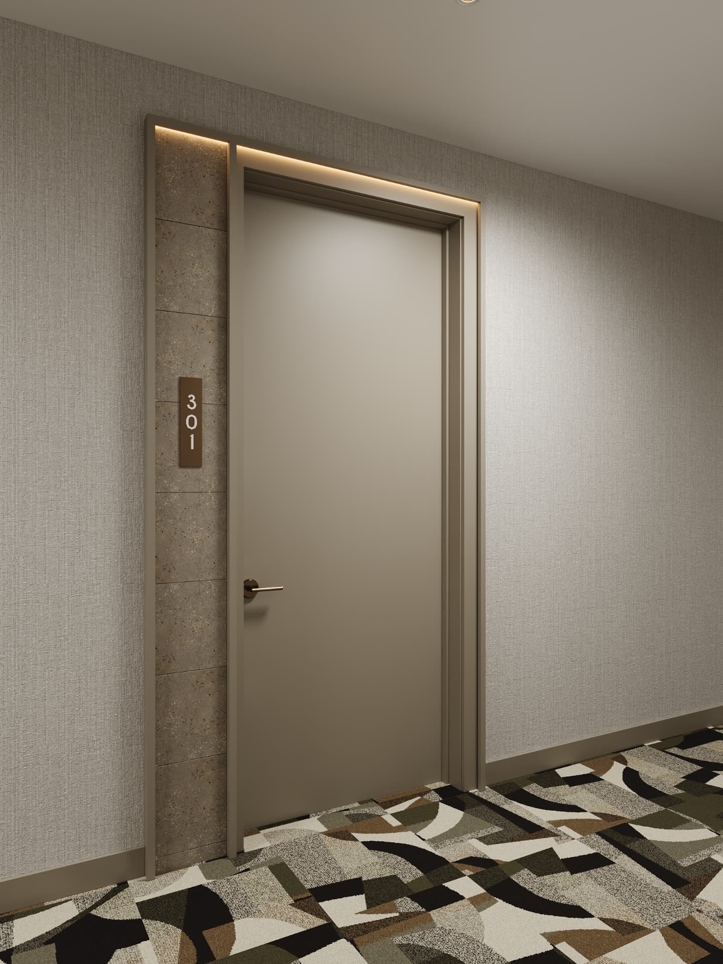 Residential corridor with backlit stone door surround and patterned carpet