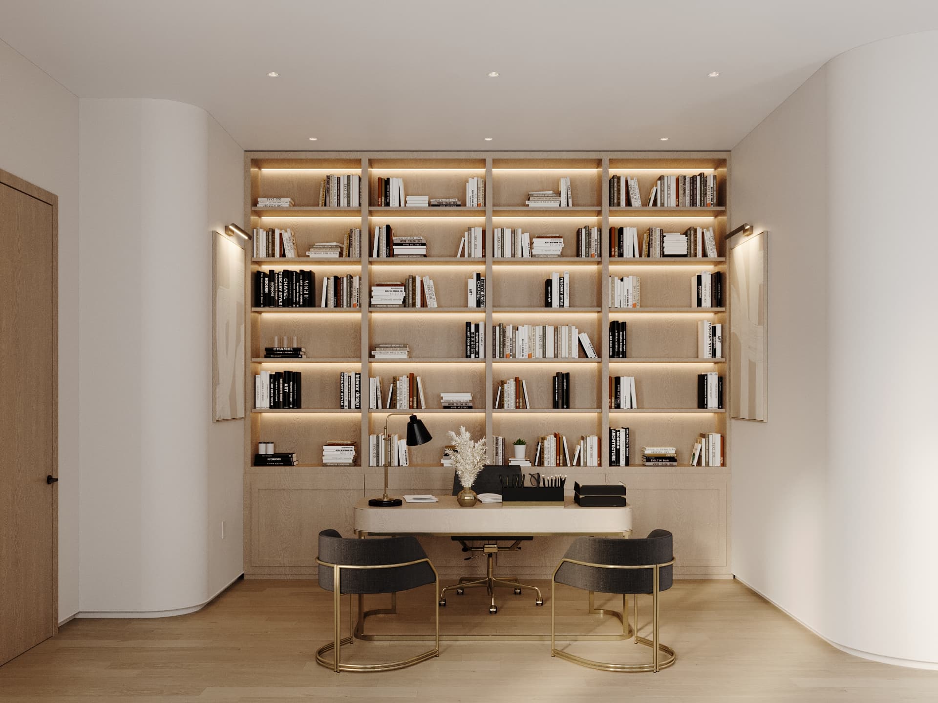 Study with full-height panelled library shelving and a marble fireplace