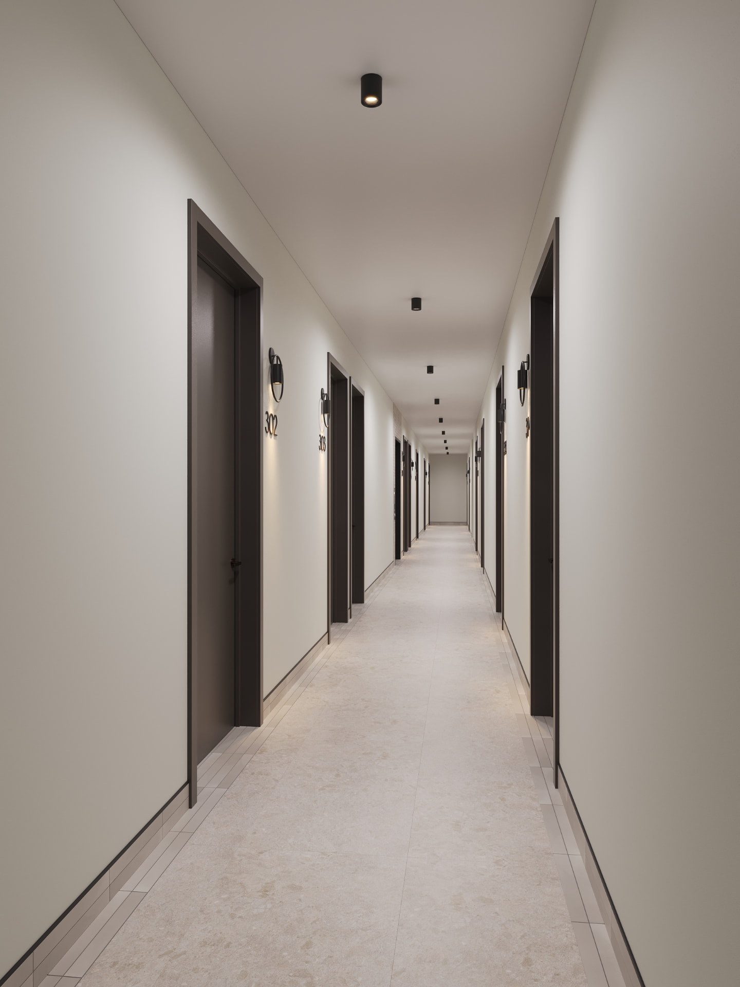 Residential corridor with bronze doors, sconces and stone flooring