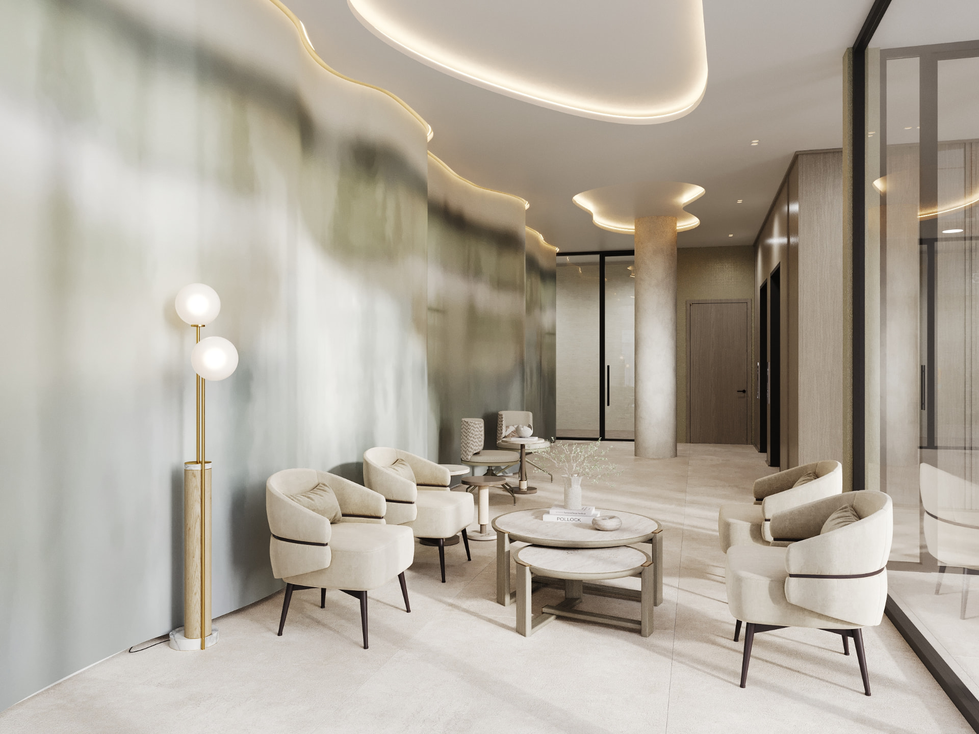 Lobby lounge with mineral-washed curved wall, sculpted illuminated ceiling and ivory armchairs