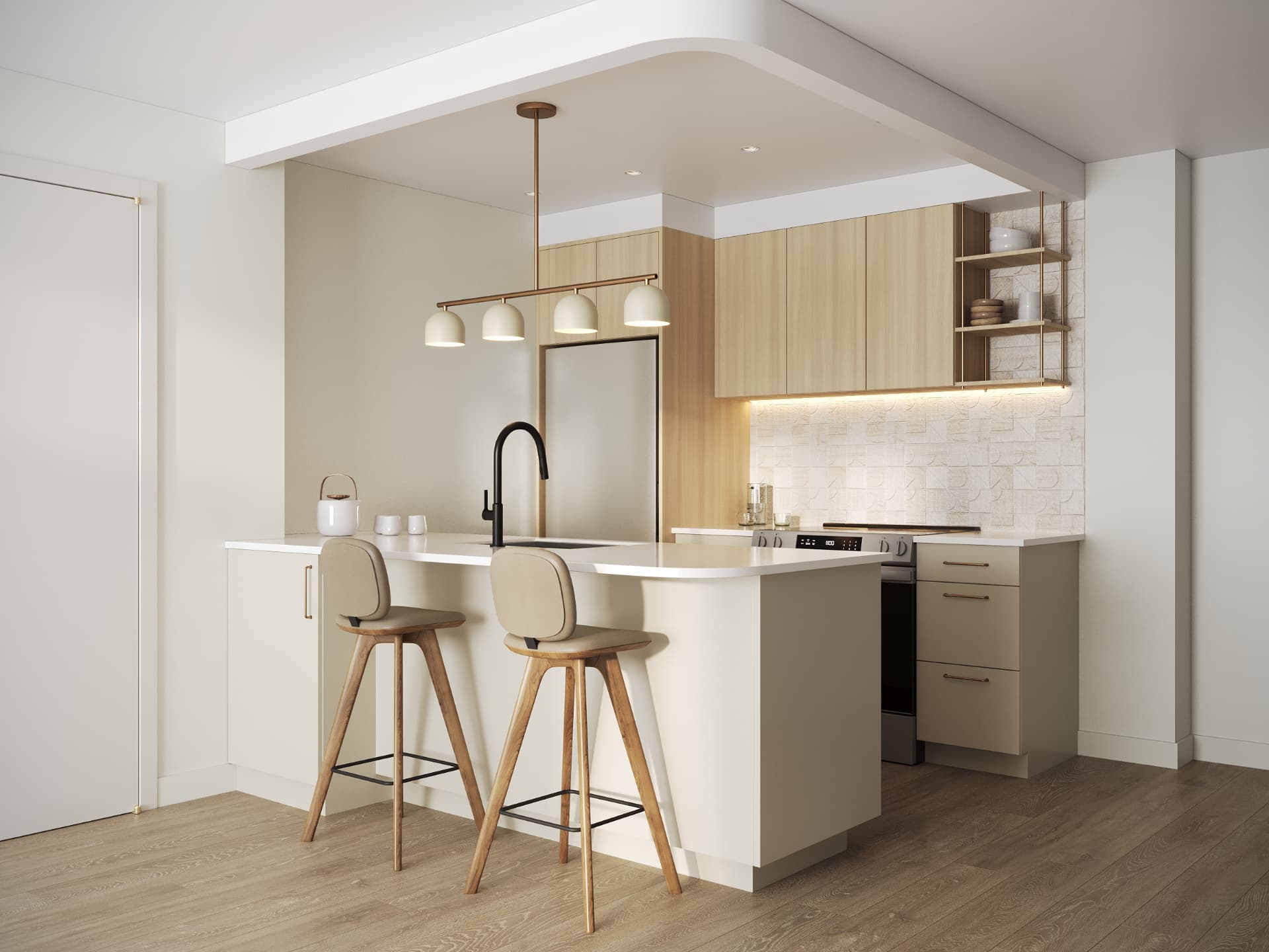 Residence kitchen with oak cabinetry and peninsula seating