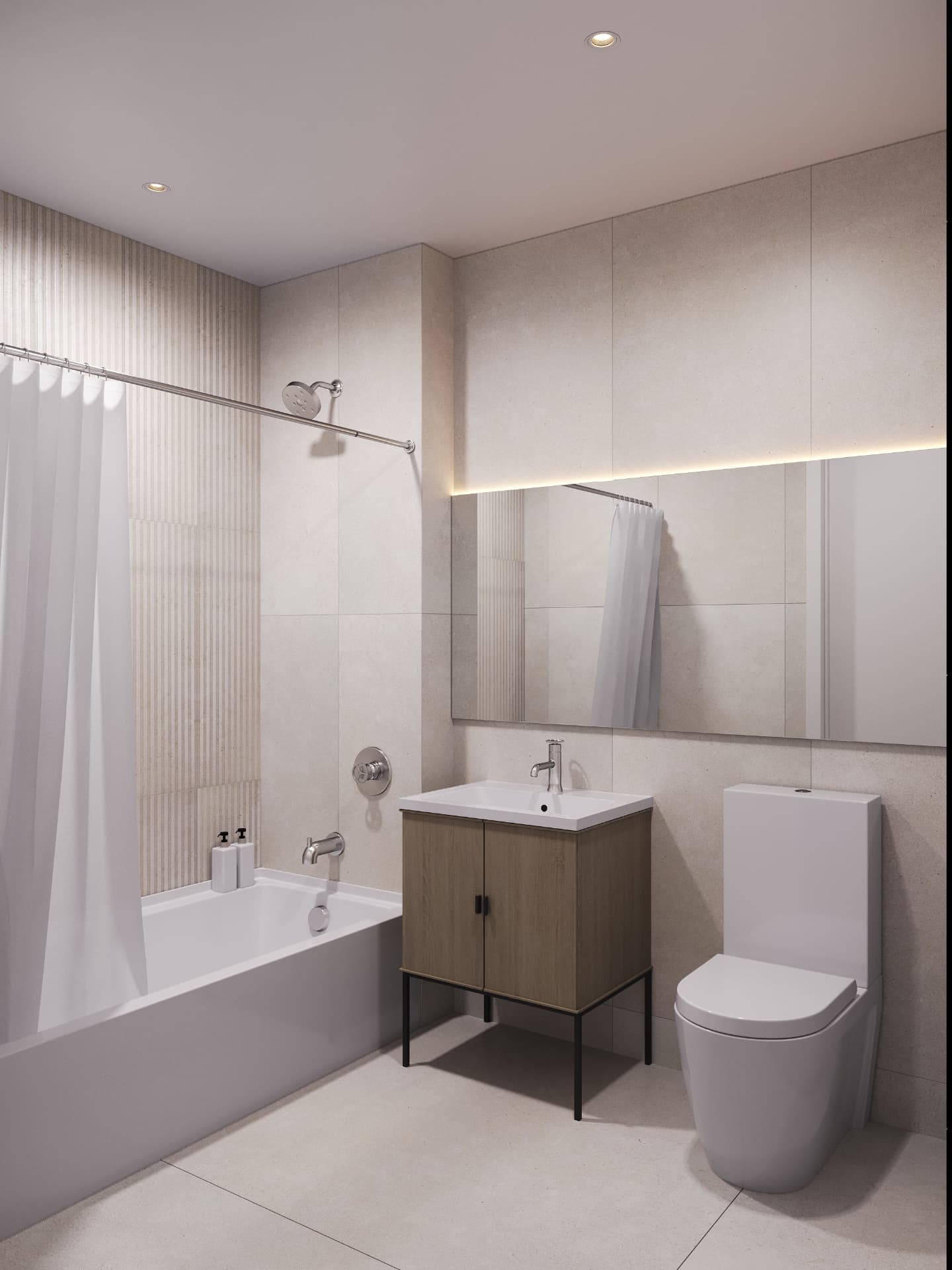 Primary bathroom with large-format limestone tile and fluted accent wall