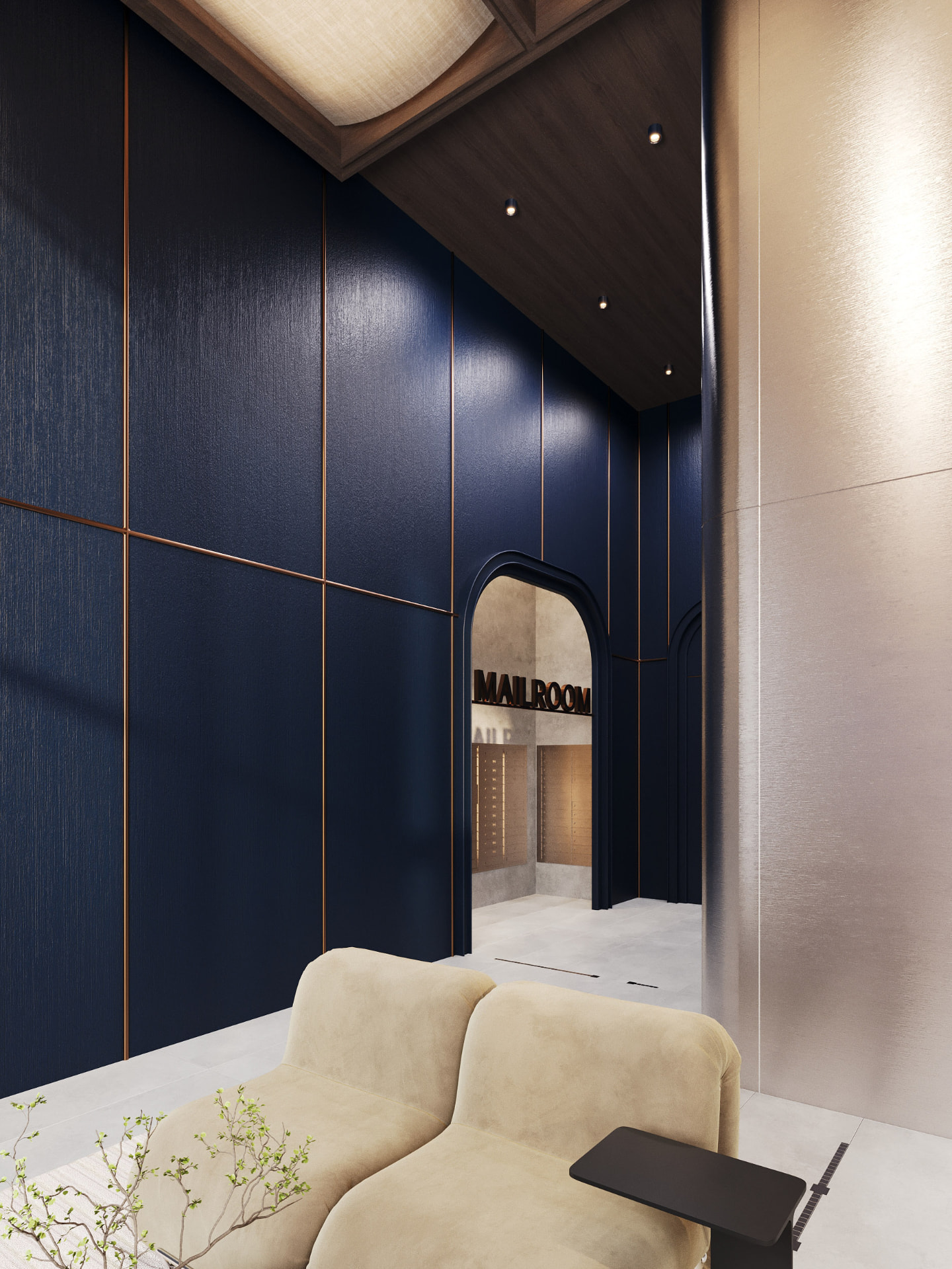 Arched portal through the lacquered lobby wall into the mail room