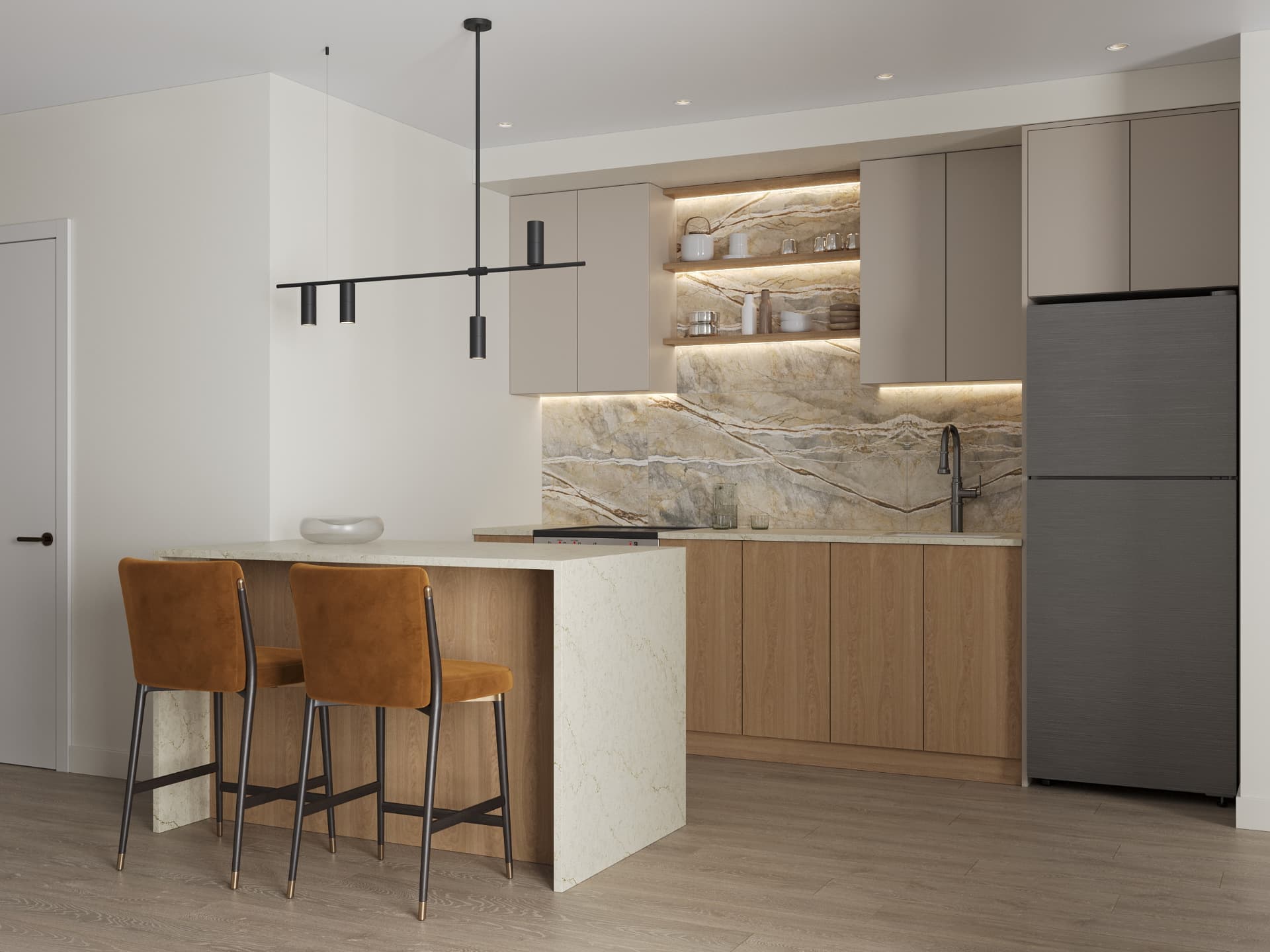 Residence kitchen with quartz peninsula, oak cabinetry and stone backsplash