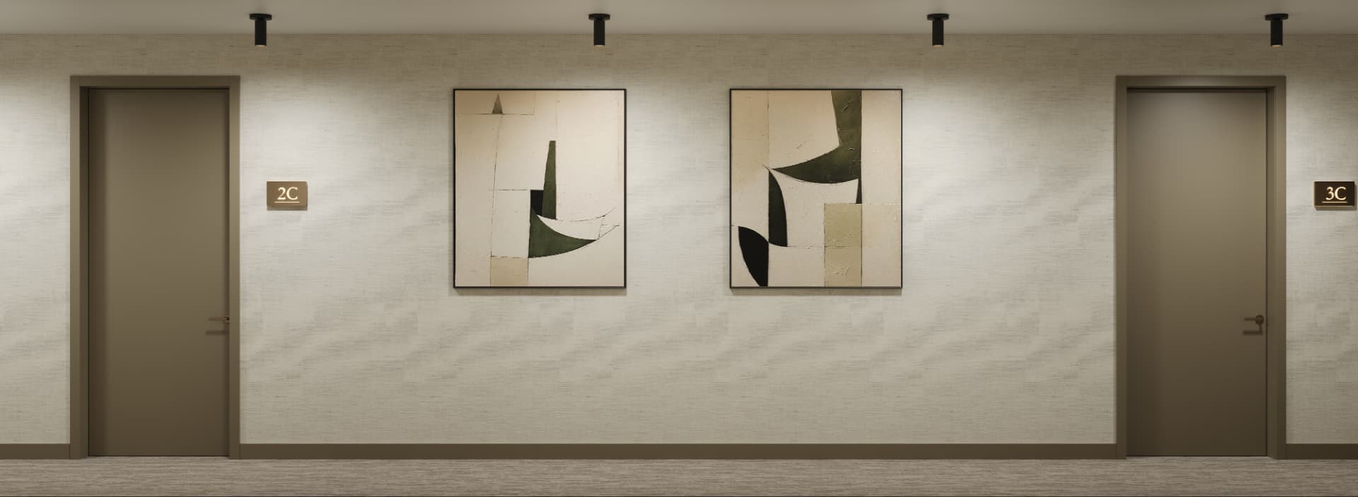 Residential corridor with linen wallcovering, bronze unit signage and framed art