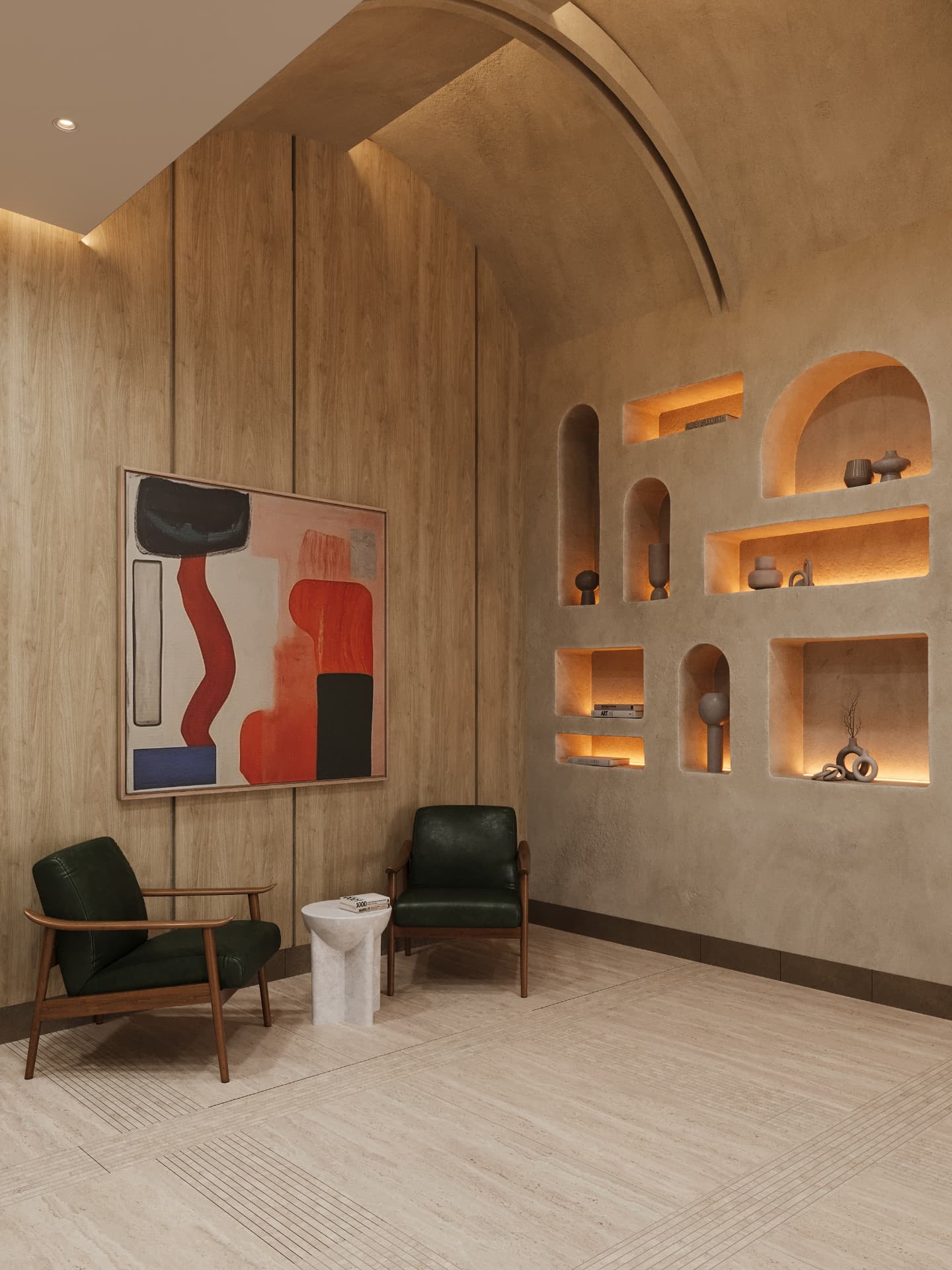 Lobby seating with oak panelling and plaster display niches