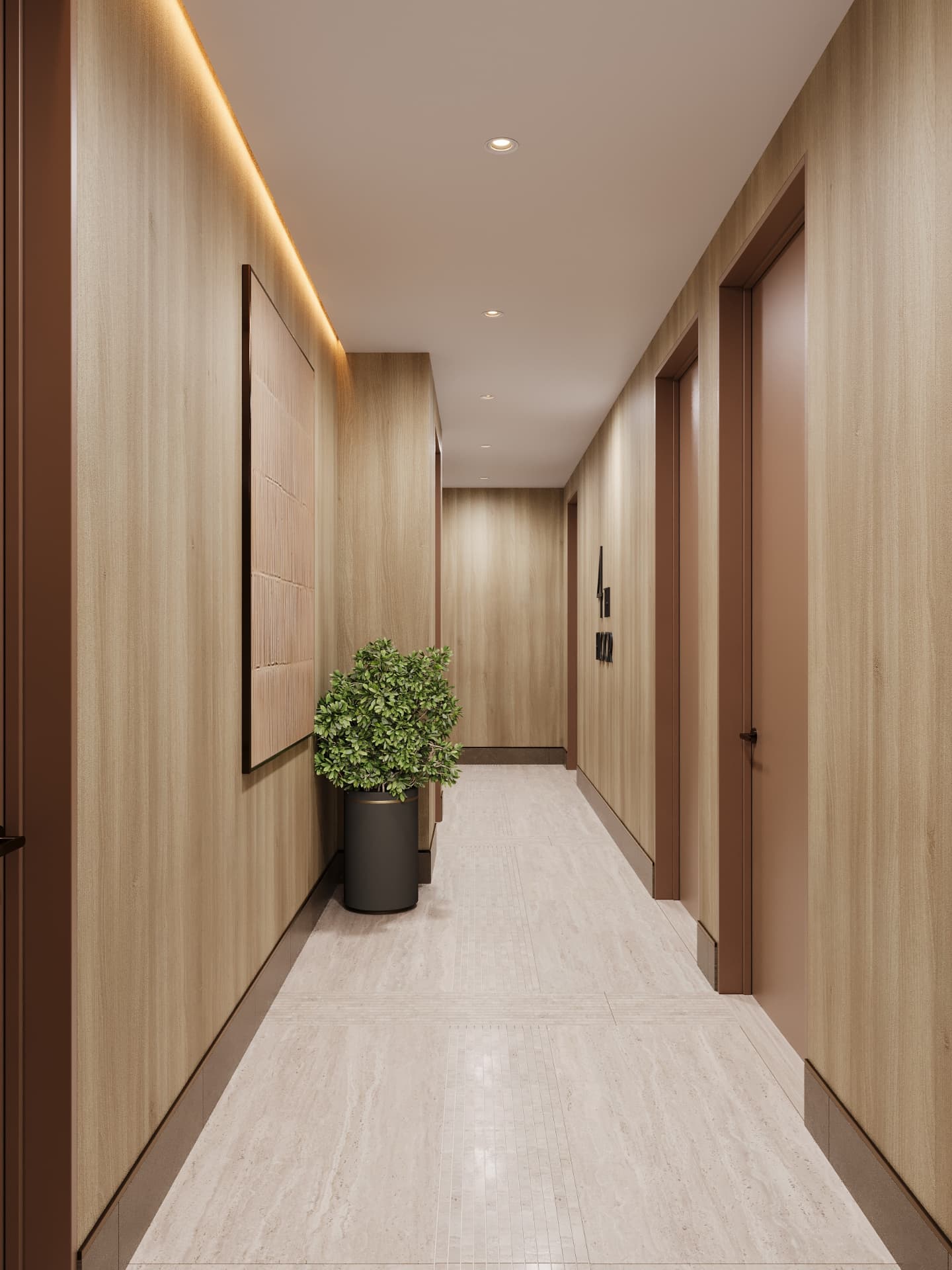 Residential corridor in pale oak with cove lighting